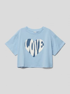 Mango Cropped T-Shirt Mit Statement-Motiv-Print - Bleu